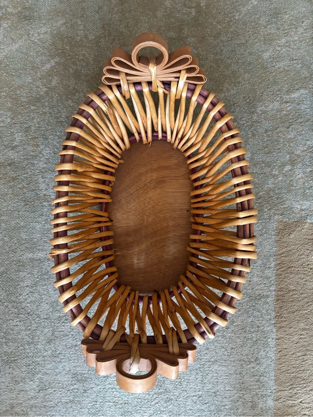Wicker Rattan Oval Basket Bentwood Bow Wood Base Cottagecore Decor